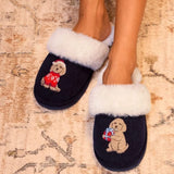 Chelsea Peers Corduroy Embroidered Christmas Chip the Cockapoo Slippers In Navy