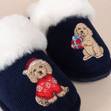Chelsea Peers Corduroy Embroidered Christmas Chip the Cockapoo Slippers In Navy