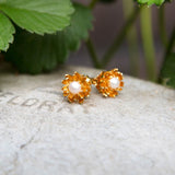 Alex Monroe Chrysanthemum Flower Pearl Earrings in Gold