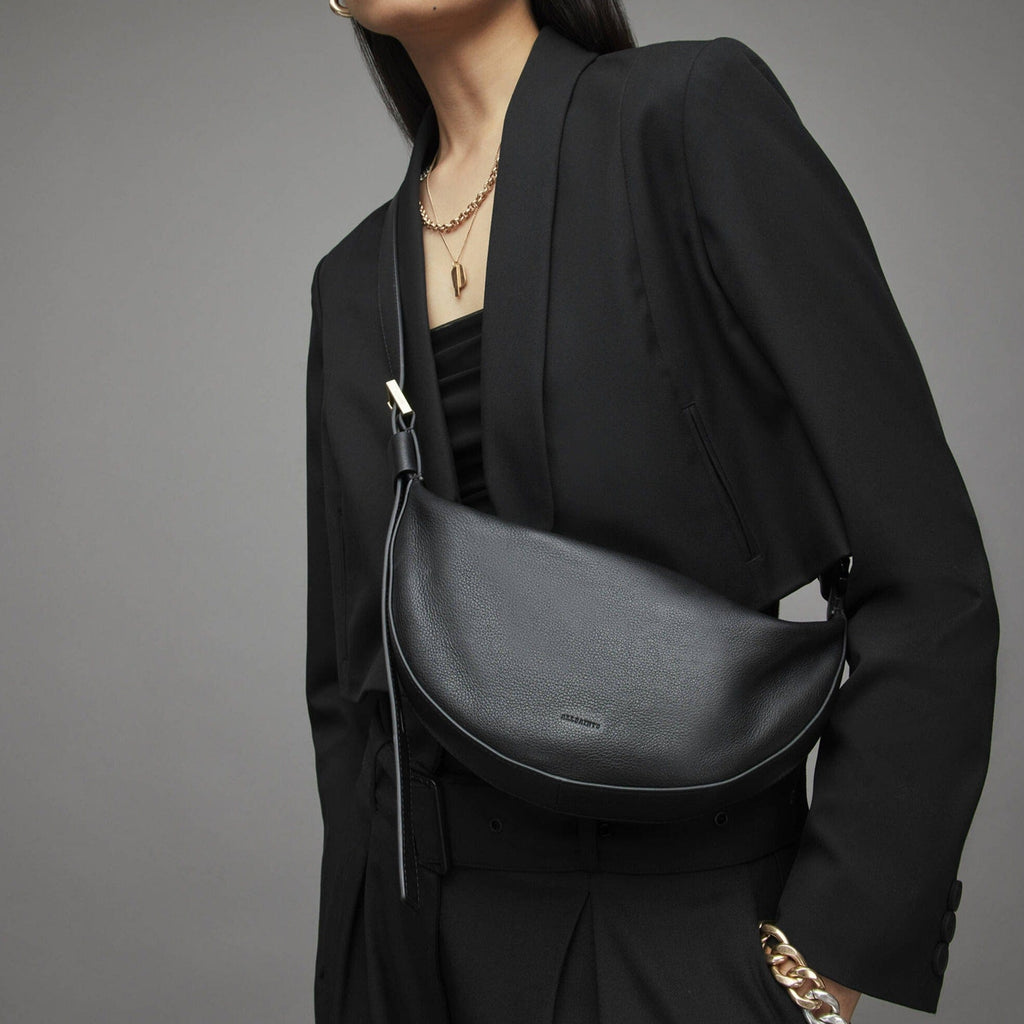 AllSaints Half Moon Leather Crossbody Bag Black