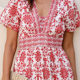 Aspiga Pippa Organic Cotton Short Sleeve Block Print Dress in Red