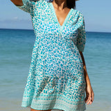 Aspiga Santorini Cotton Kaftan in White/Turquoise