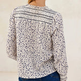Aspiga Smocked Organic Cotton Cheesecloth Blouse in Ecru/Navy