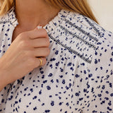 Aspiga Smocked Organic Cotton Cheesecloth Blouse in Ecru/Navy
