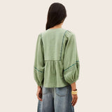 ba&sh POEME Embroidered Cotton Blouse In Green