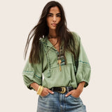 ba&sh POEME Embroidered Cotton Blouse In Green