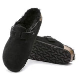 Birkenstock Boston Shearling Suede Leather In Black (Regular Fitting)
