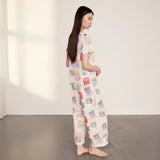 Chelsea Peers Organic Cotton Tea Party Print Long Pyjama Set In Cream