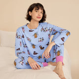 Chelsea Peers Princess Cats Print Crew Neck Long Pyjama Set In Purple