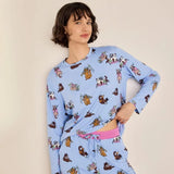 Chelsea Peers Princess Cats Print Crew Neck Long Pyjama Set In Purple