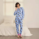 Chelsea Peers Princess Cats Print Crew Neck Long Pyjama Set In Purple