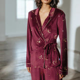 Chelsea Peers Velour Gold Foil Moons & Stars Long Pyjama Set In Maroon