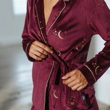 Chelsea Peers Velour Gold Foil Moons & Stars Long Pyjama Set In Maroon