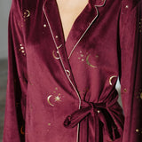 Chelsea Peers Velour Gold Foil Moons & Stars Long Pyjama Set In Maroon