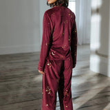 Chelsea Peers Velour Gold Foil Moons & Stars Long Pyjama Set In Maroon