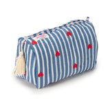 Elie Beaumont Serendipity Cotton Cosmetic Bag Set In Blue Stripe Red Heart