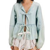 Free People Brunch Babe Denim Blouse In Light Tint Wash Blue
