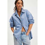 Free People Striped Varsity Vibes Shirt In Blue Combo