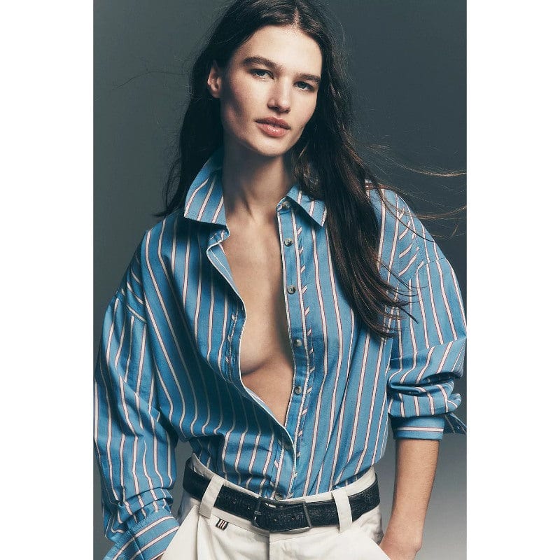 Free People Striped Varsity Vibes Shirt In Blue Combo