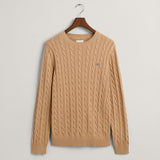 GANT Cotton Cable Knit Crew Neck Sweater in Dark Khaki