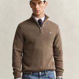 GANT Casual Cotton Half-Zip Sweater In Dark Hazelnut Melange
