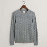 GANT Cotton Cable Knit Crew Neck Sweater In Grey Melange