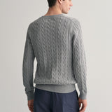 GANT Cotton Cable Knit Crew Neck Sweater In Grey Melange