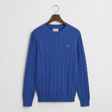 GANT Cotton Cable Knit Crew Neck Sweater in Rich Blue