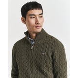 Gant Cotton Cable Knit Half-Zip Sweater In Khaki Green Melange