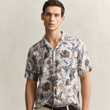 GANT Printed Linen Regular Fit Shirt In Oat Beige