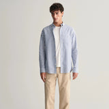 Gant Regular Fit Striped Cotton Linen Shirt in Rich Blue