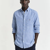 GANT Regular Fit Striped Cotton Linen Shirt in Rich Blue