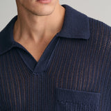 Gant Ribbed Linen Blend Short Sleeve Polo Sweater in Evening Blue