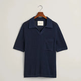Gant Ribbed Linen Blend Short Sleeve Polo Sweater in Evening Blue