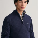 GANT Superfine Lambswool Half Zip Cardigan In Dark Navy Melange