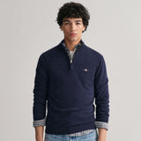 GANT Superfine Lambswool Half Zip Cardigan In Dark Navy Melange