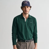 GANT Textured Collar Long Sleeve Polo Shirt in Tartan Green