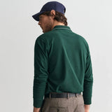 GANT Textured Collar Long Sleeve Polo Shirt in Tartan Green