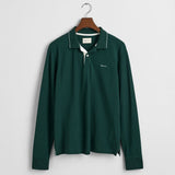 GANT Textured Collar Long Sleeve Polo Shirt in Tartan Green