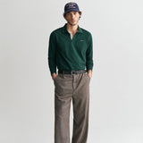 GANT Textured Collar Long Sleeve Polo Shirt in Tartan Green