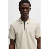 BOSS Orange Zip-Neck Slim Fit Stretch Cotton Polo Shirt In Light Beige
