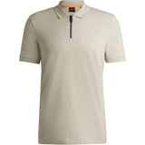 BOSS Orange Zip-Neck Slim Fit Stretch Cotton Polo Shirt In Light Beige