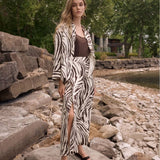Linen Blend Animal Print Culotte Pants With Pleats In Brown