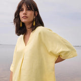 Linen Straight Top With V-notch In Mellow Yellow