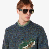 Lacoste Mercerised Knit Intarsia Crocodile Sweater In Blue