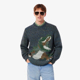 Lacoste Mercerised Knit Intarsia Crocodile Sweater In Blue