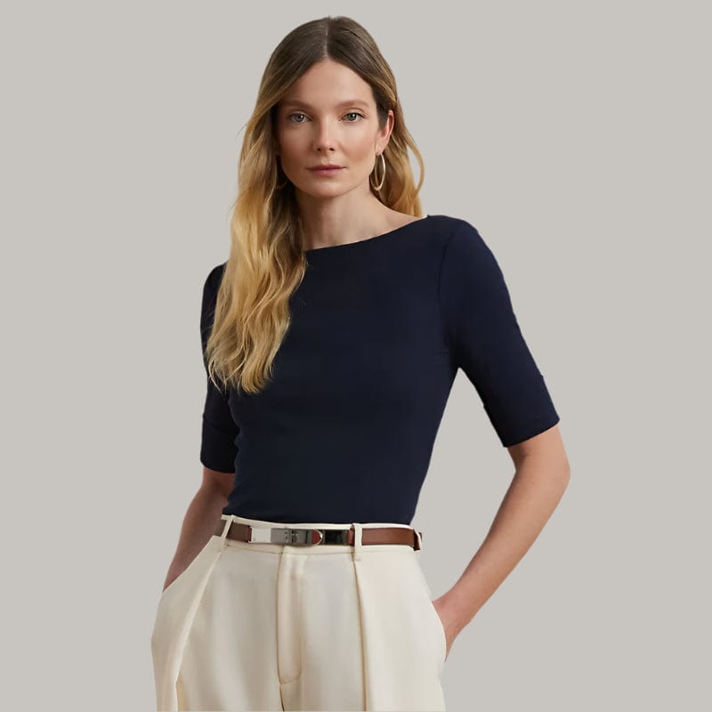 Lauren by Ralph Lauren Stretch Cotton Boatneck Tee In Navy