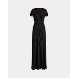 Lauren Ralph Lauren Belted Georgette Flutter-Sleeve Gown In Black