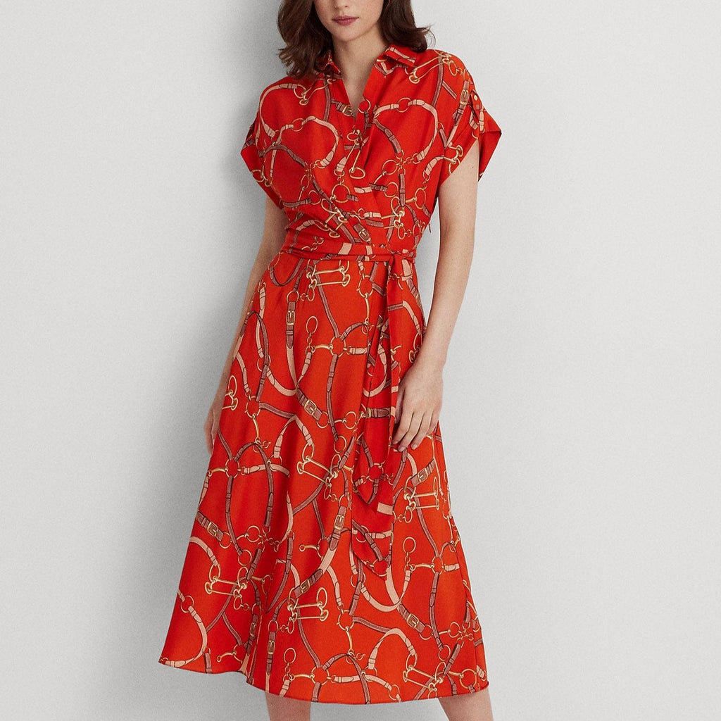 Lauren Ralph Lauren Belting-Print Belted Crepe Dress in Orange Lauren Ralph Lauren Belting-Print Belted Crepe Dress in Orange