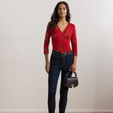 Lauren Ralph Lauren Belting-Print Jersey Surplice Top In Red